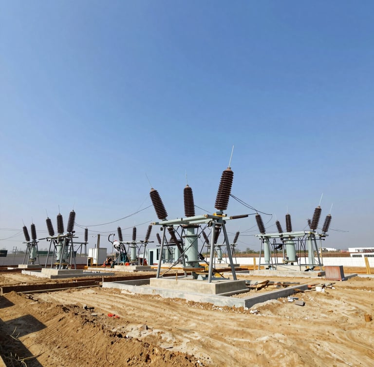 Wide-angle industrial construction site, heavy machinery preparing foundations for large electrical substations, crisp daylight, professional engineering aesthetic
