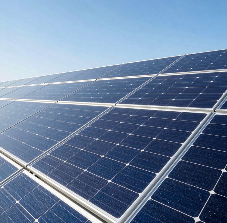 Close-up of high-tech monocrystalline solar panels reflecting a bright blue sky, sharp industrial lines, premium architectural daylight.
