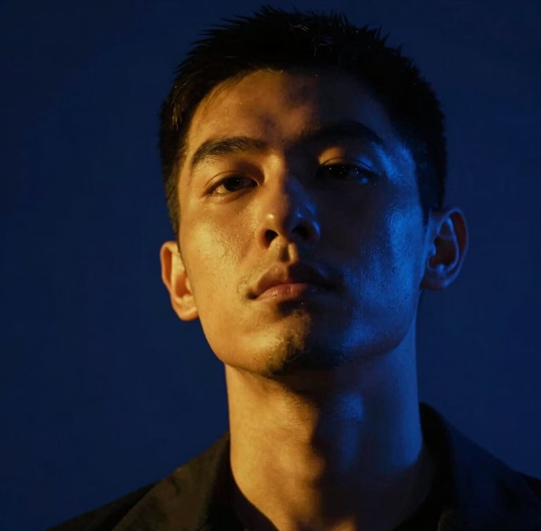 Dramatic low-angle shot of a high-intensity character close-up under neon-noir lighting, strong amber highlights, deep midnight blue shadows, strict vertical 9:16 crop.
