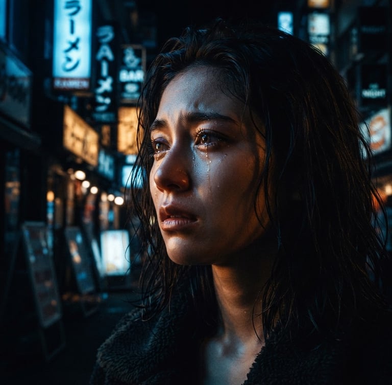 A tight vertical 9:16 portrait of a woman looking off-camera with intense, tearful eyes, struck by sharp blue and warm amber neon light, heavy shadows, cinematic film grain