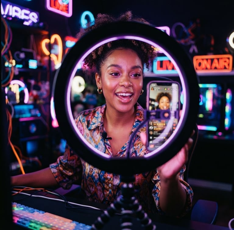 Vibrant close-up of a diverse female creator streaming in front of a glowing purple ring light, holding a smartphone showing the Hily Live interface, neon LED studio lighting, rich saturated tones, 35mm