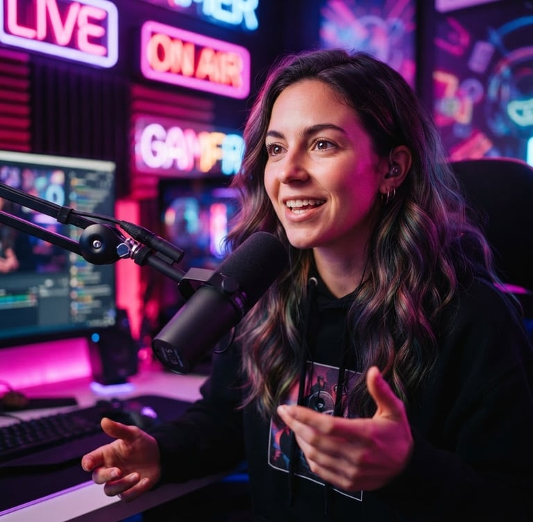 Close-up portrait of a dynamic female creator streaming under vibrant neon pink and purple LED lights, high-quality ring light reflection in her eyes, professional microphone setup, shallow depth of field, 35mm.