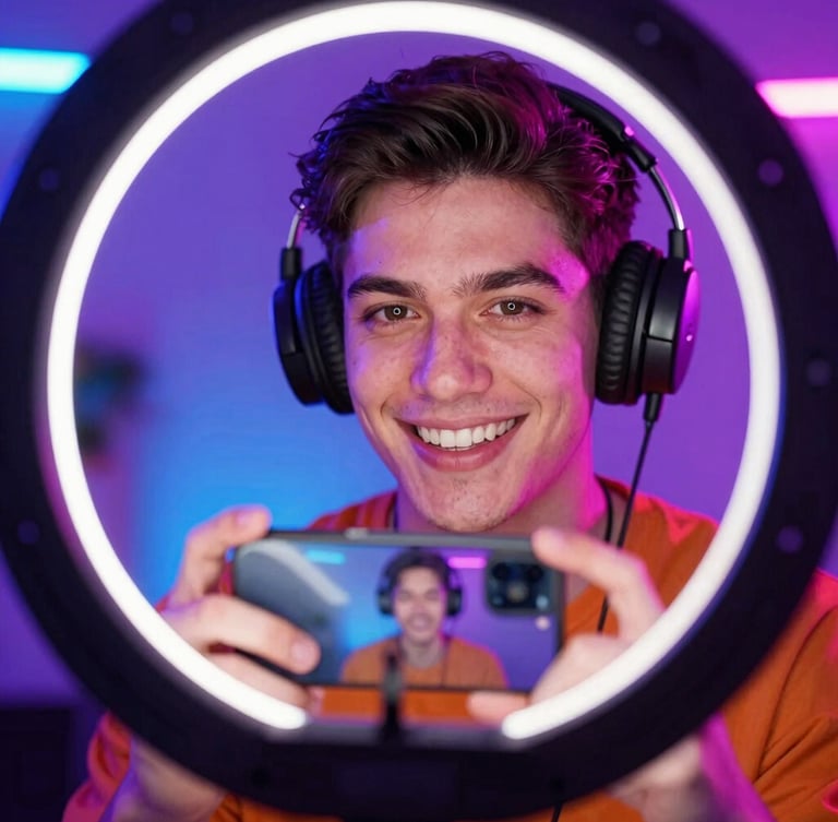 Close-up portrait of a charismatic digital creator streaming in front of a ring light, vibrant neon purple rim lighting, shallow depth of field, holding a smartphone showing a live video interface.