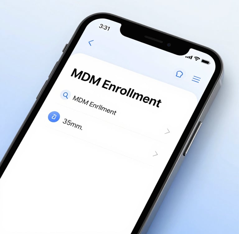 Close-up on a modern smartphone screen displaying a clean MDM enrollment dashboard, bright cool studio lighting, sharp focus, 35mm