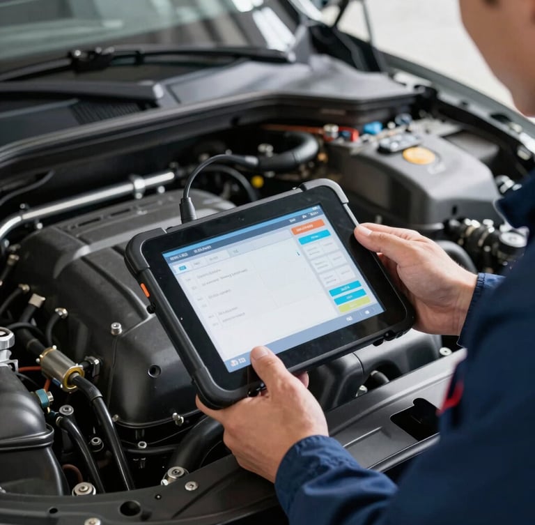 Close-up of a professional mechanic using a digital diagnostic tablet inside a clean engine bay, high-contrast crisp garage lighting, 35mm.