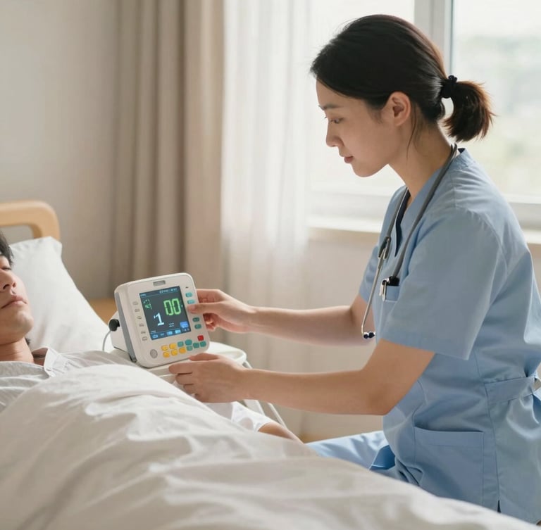 A professional medical caregiver in uniform adjusting a home care monitor beside a tidy patient bed, soft natural light, warm editorial style, 35mm
