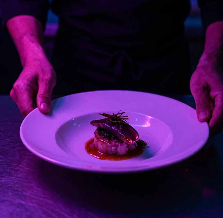 Dramatic close-up of a chef plating a dish under low-key violet and pink neon kitchen lighting, high contrast, 35mm