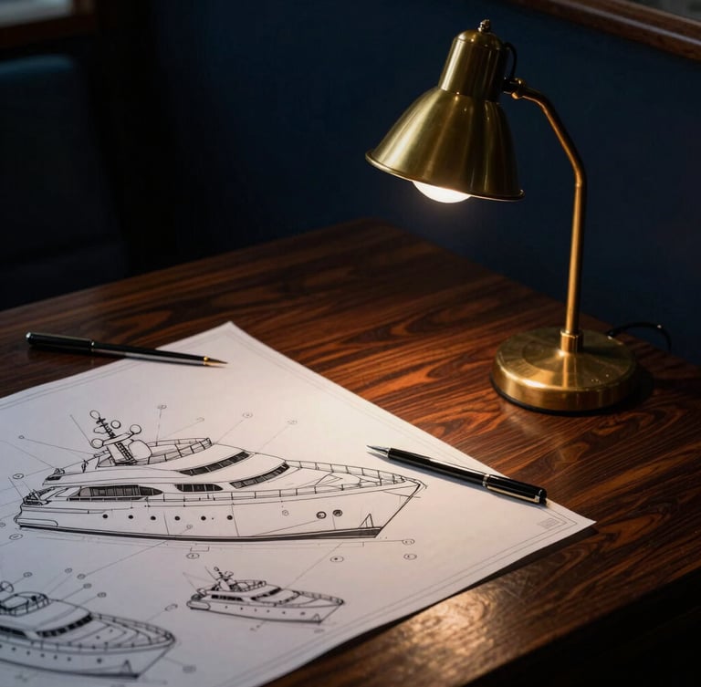Technical drafting tools and architectural blueprints of a superyacht on dark mahogany wood, warm brass-toned study light, moody editorial photography, sharp details