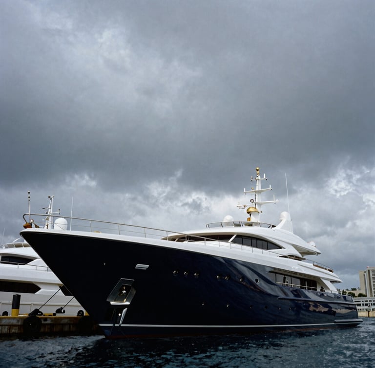 Wide, low-angle shot of a superyacht in dry dock at a bustling Barcelona port, dramatic overcast light, structural details of the hull visible, 35mm film