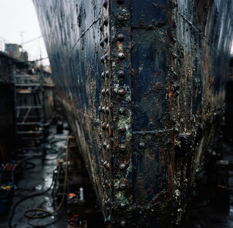 Macro detail shot of a massive steel ship hull in a dry dock, dramatic low-key lighting, cold overcast harbor light, sharp details, 35mm film