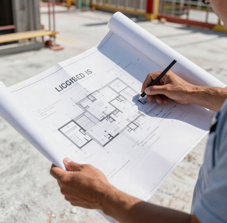 Portrait-oriented image of a licensed surveyor reviewing detailed blueprints on a South Florida construction site, bright direct sunlight creating high-contrast technical tones, sharp focus on the plans and surveyor's hands.