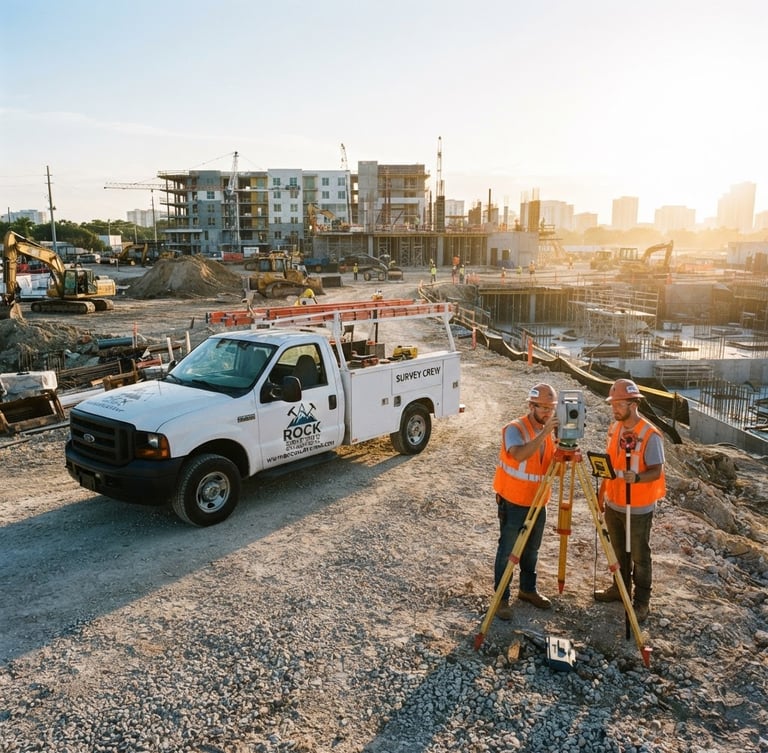 Wide shot of a branded ROCK SURVEYING & ENGINEERING field truck on a construction site at sunrise, high-visibility safety gear, total station set up, bright direct Florida sunlight, high-contrast technical tones, sharp focus, 35mm lens.