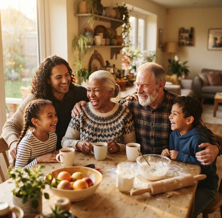 A diverse family, including a grandparent and grandchild, laughing together at a sunlit kitchen table, warm natural light, genuine human connection, relaxed expressions.