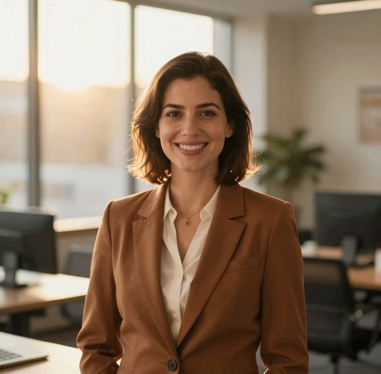 Warm, inviting portrait of a friendly female insurance advisor smiling, in a sunlit modern office, shallow depth of field, rich tones.