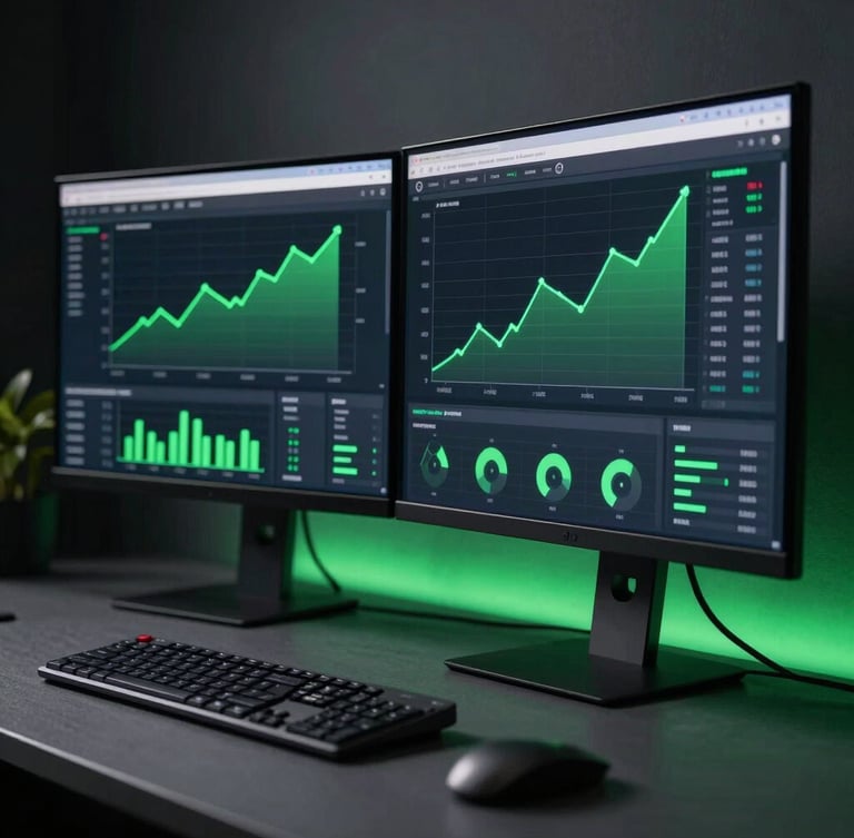 Sleek modern workspace with a high-end dual monitor setup displaying real-time analytics dashboards, upward green trend lines, moody high-contrast studio lighting with subtle neon green ambient glow, sharp macro focus.