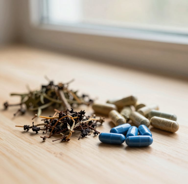 Serene close-up of natural whole foods and herbal supplements on a clean wooden surface, soft morning window daylight, warm editorial photography