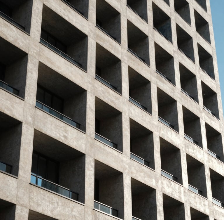 Crisp architectural detail of a modern concrete and steel high-rise facade under bright daylight, strong geometric lines and sharp shadows.