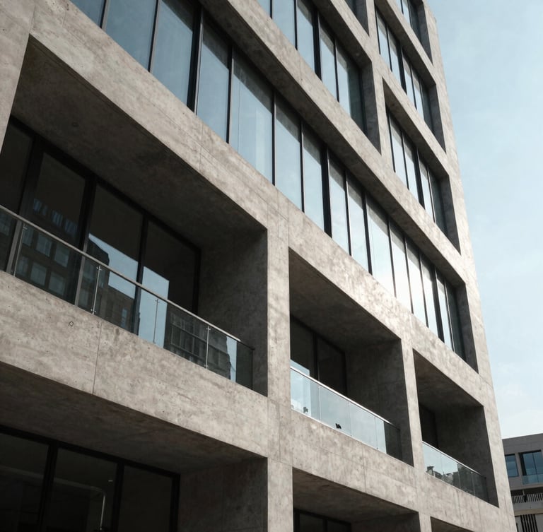 Wide architectural angle of a modern concrete and glass building facade, sharp geometric shadows, crisp daylight, high-contrast framing.