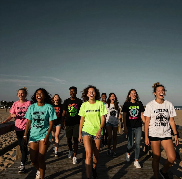 Wide-angle action shot of a group of friends laughing on a beach boardwalk at sunset, wearing loud graphic t-shirts, high energy