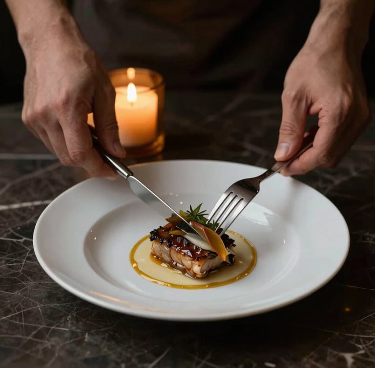 Moody close-up of hands plating a refined dish on dark marble, glowing amber candlelight, soft shadows, 35mm shallow depth of field.