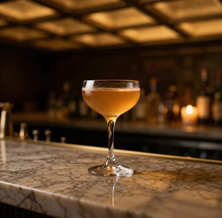 Moody portrait of a premium cocktail on a cold marble counter, casting warm amber reflections from the geometric ceiling above, rich gold tones, deep shadows, 35mm shallow depth of field.