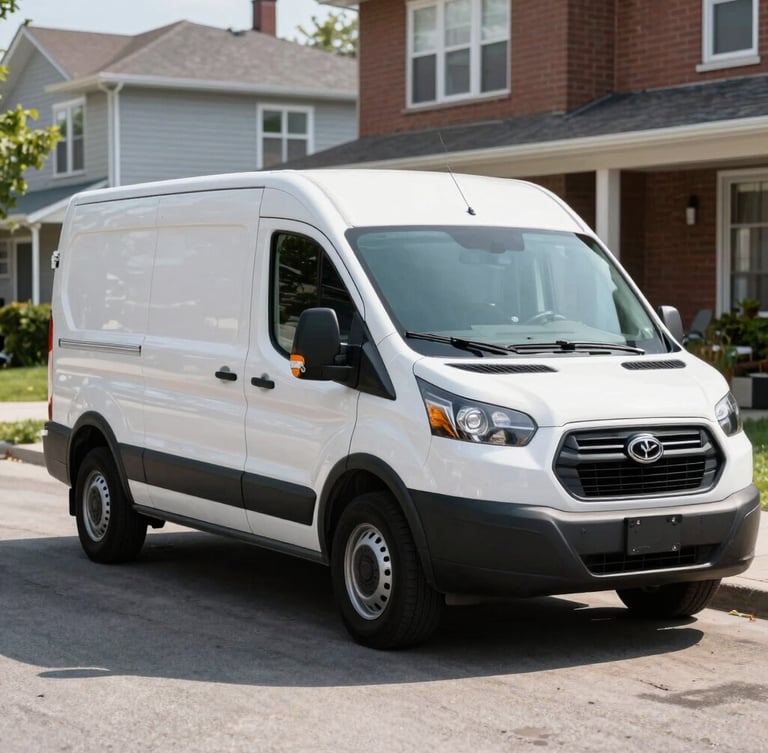 A clean white Plumber GTA service van parked on a bright residential street in Toronto, daylight, professional local service aesthetic