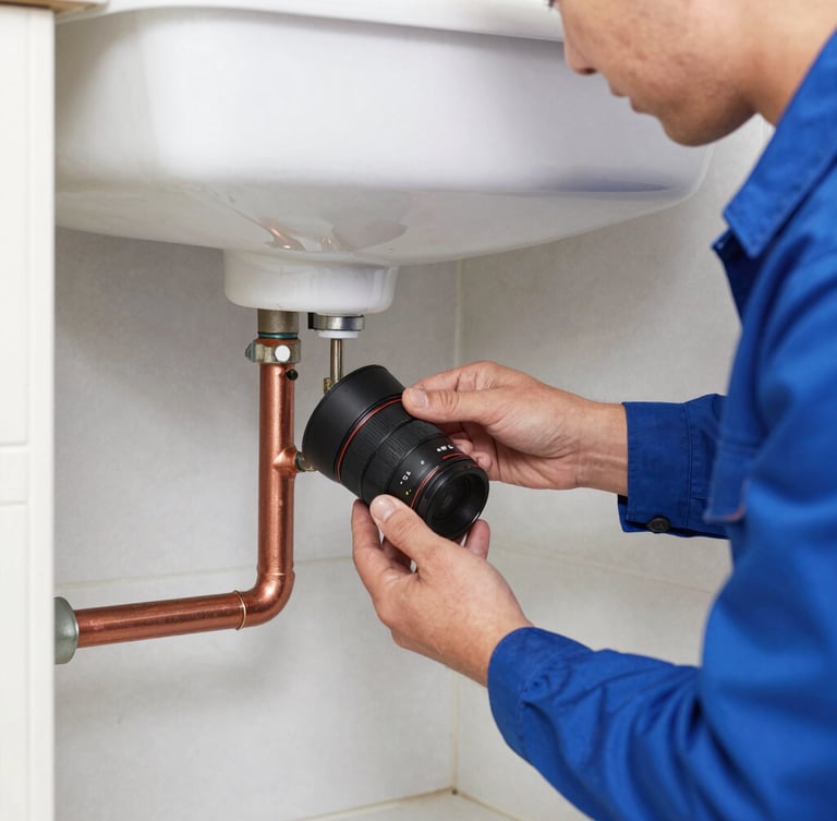 Bright clean photography of a professional technician in a blue uniform repairing residential copper pipes under a sink, natural daylight, crisp details, 35mm lens
