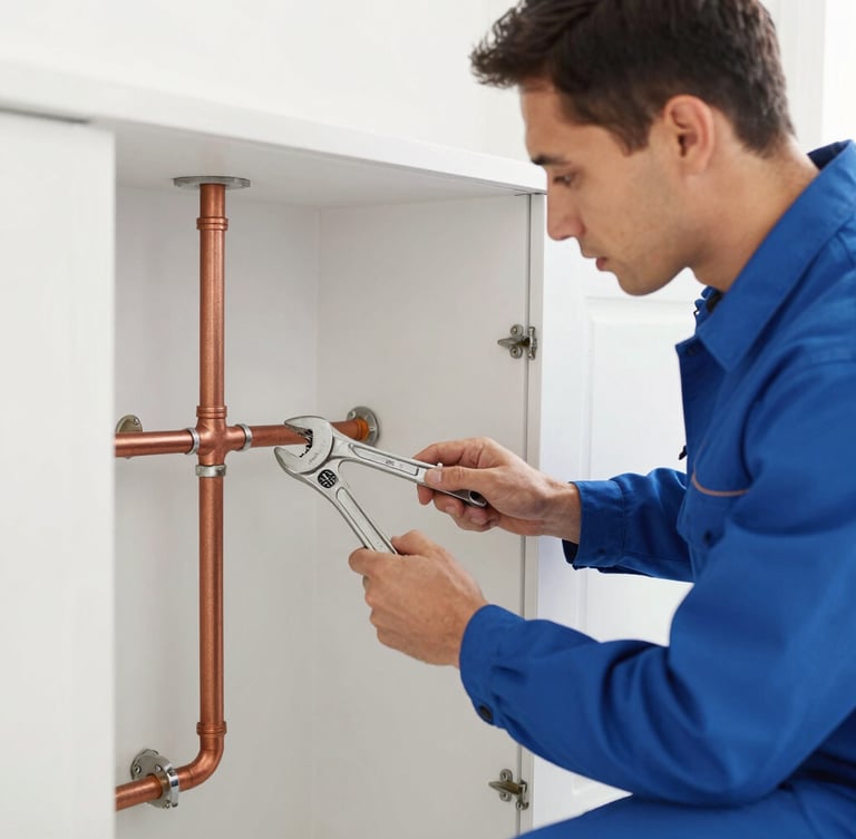 A professional plumber in a clean blue uniform inspecting residential copper pipes with a wrench, bright natural daylight, crisp 35mm photography