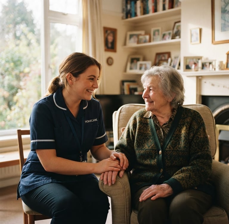 A professional care assistant in a warm, sunlit Lancashire home, smiling gently while conversing with an older adult, soft natural window light, shallow depth of field, natural respectful interaction.