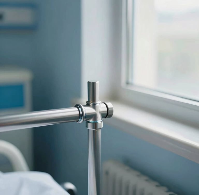 Close-up of a medical bed steel joint, clean welds, soft hospital window light, deep blue and clean white tones, professional clinical setting, 35mm