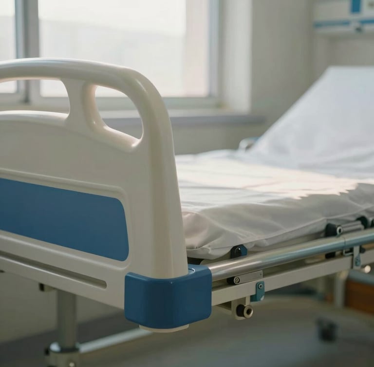 Close-up of a robust mechanical joint of a clinical bed, clean stainless steel, warm natural hospital window light, deep navy details, professional clinical setting, 35mm