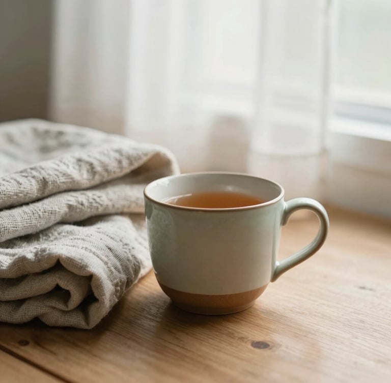 Soft editorial photography of warm herbal tea in a ceramic mug beside folded linen blankets on a wooden floor, soft diffused morning window light, muted sage and clay tones, shallow depth of field, 35mm