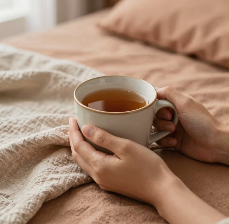 A close-up shot of hands holding a warm ceramic mug of herbal tea, resting on soft organic cotton sheets with a linen blanket nearby, warm clay tones, shallow depth of field.
