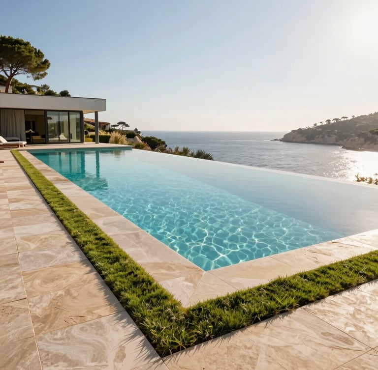 Low-angle architectural shot of a modern villa's infinity pool with crystal-clear water, perfectly manicured green grass bordering the stone deck, Costa Brava coastline in the background, bright morning light.