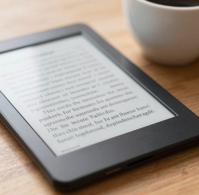 Close-up of a modern e-reader screen displaying crisp, elegant serif typography, resting on a warm wooden table beside a ceramic coffee cup, soft natural morning daylight, shallow depth of field