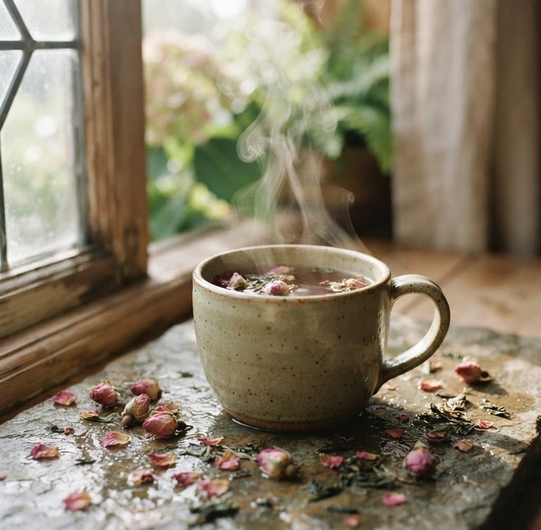 Soft-focus close-up of steam rising from a ceramic mug of herbal tea, delicate dried rosebuds and green tea leaves scattered on a wet stone surface nearby, diffused morning window light, muted pink and sage green tones, shallow depth of field, 35mm