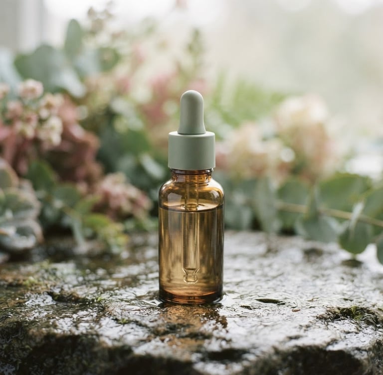 Close-up of a glass dropper bottle on wet stone, soft diffused morning light, shallow depth of field, muted pink and sage green tones, 35mm, botanical elements in background.