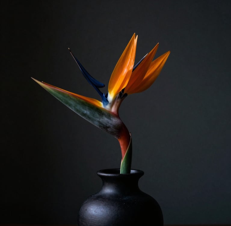 A single dramatic bird of paradise stem in a black ceramic vase, dramatic side-lit chiaroscuro, deep charcoal background, rich saturated colors.