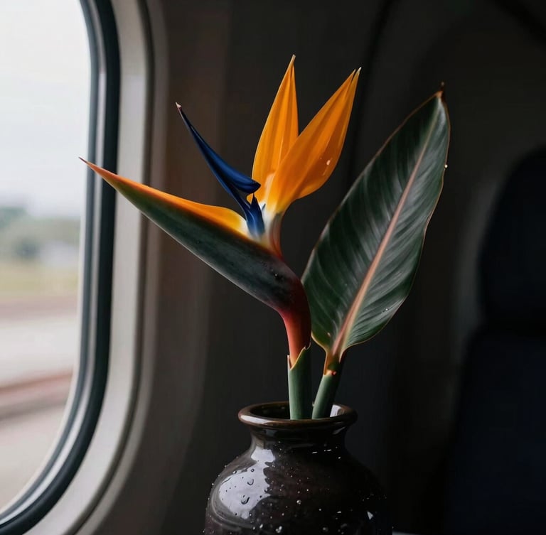 A single architectural bird of paradise stem in a dark ceramic vase inside a climate-controlled transport cabin, dramatic side-lit chiaroscuro, deep dark background, rich saturated botanical colors, macro 35mm