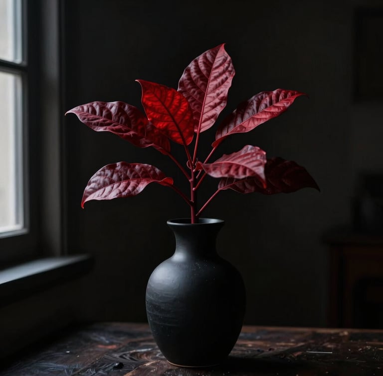 A single structural protea in a minimalist black ceramic vase, dramatic side-lit chiaroscuro, deep dark background, rich crimson tones, macro 35mm portrait photography