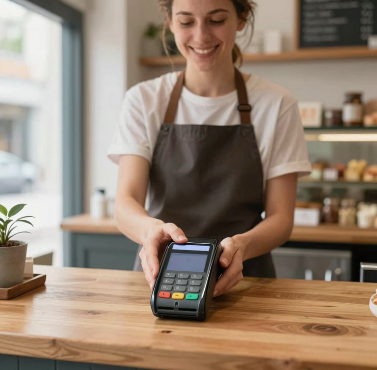 Straight-on eye-level bright daylight shot of a local bakery owner placing a modern payment terminal on a clean wooden counter, smiling.