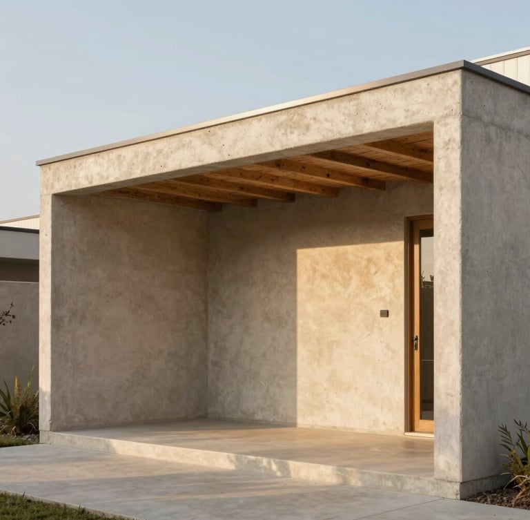 A wide architectural elevation of a concrete and timber residential pavilion, warm afternoon sun casting long linear shadows on textured plaster walls