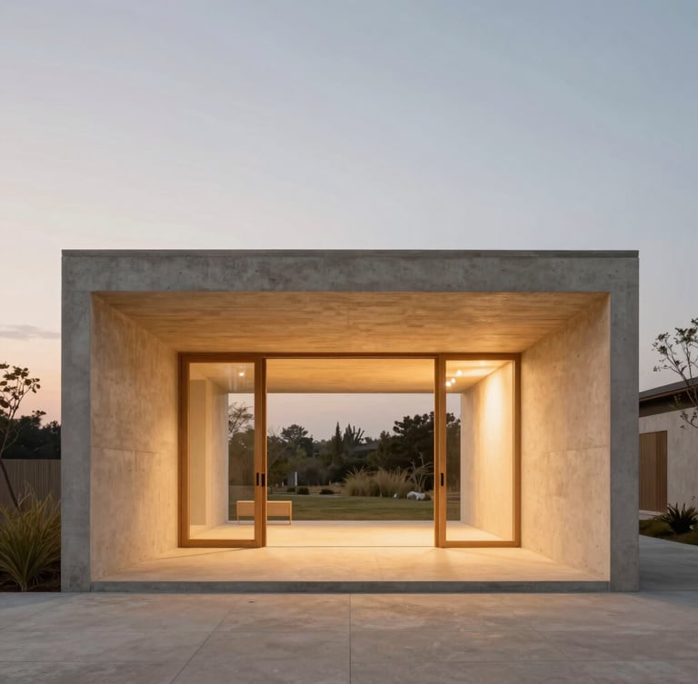 Straight-on architectural elevation of a concrete and timber pavilion at dusk, warm interior glow, diffuse natural twilight, minimalist landscape