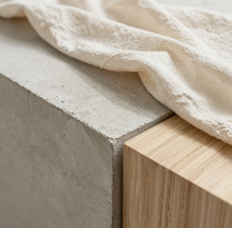Extreme close-up of material textures showing raw board-formed concrete, soft cream linen fabric drape, and light oak wood grain under soft morning light