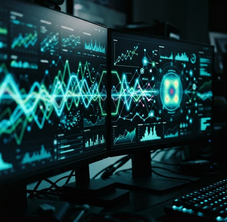Macro close-up of a high-performance marketing dashboard on a dual-monitor setup, glowing neon cyan and electric green telemetry lines, dark moody studio lighting, 35mm