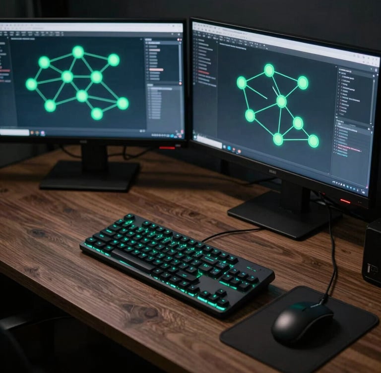 Overhead desk layout of a developer workstation with dual monitors showing active marketing automation node networks, electric green key lights, dark studio setting.