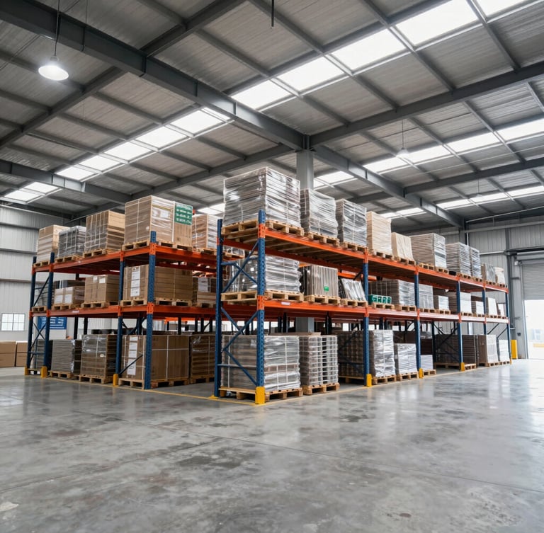 Wide-angle environmental shot of modern high-ceiling warehouse interior, organized pallet racking with clean industrial lighting, bright daylight streaming through high windows, 35mm