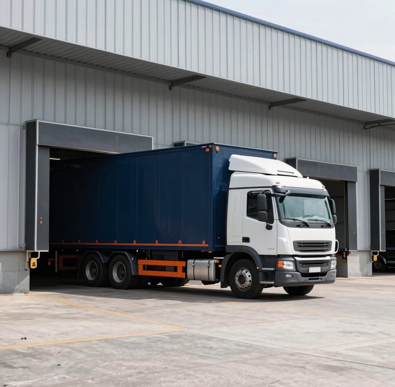 Crisp industrial photography of a modern warehouse loading dock, a logistics truck parked at the bay, bright natural daylight, cool grey and navy tones, sharp focus, 35mm