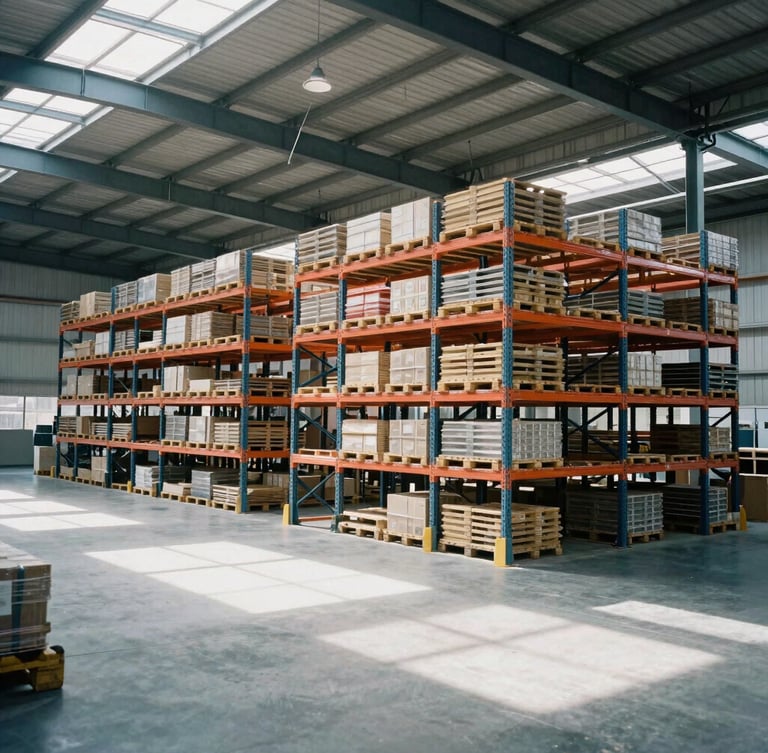 A wide-angle crisp industrial photograph of a modern high-ceiling warehouse interior with organized orange pallet racking and bright natural daylight, 35mm