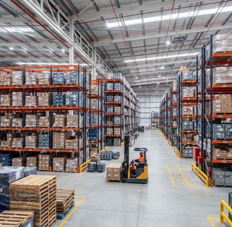 Wide-angle environmental shot of a modern high-ceiling warehouse interior, organized industrial pallet racking systems, bright clean industrial lighting, 35mm.
